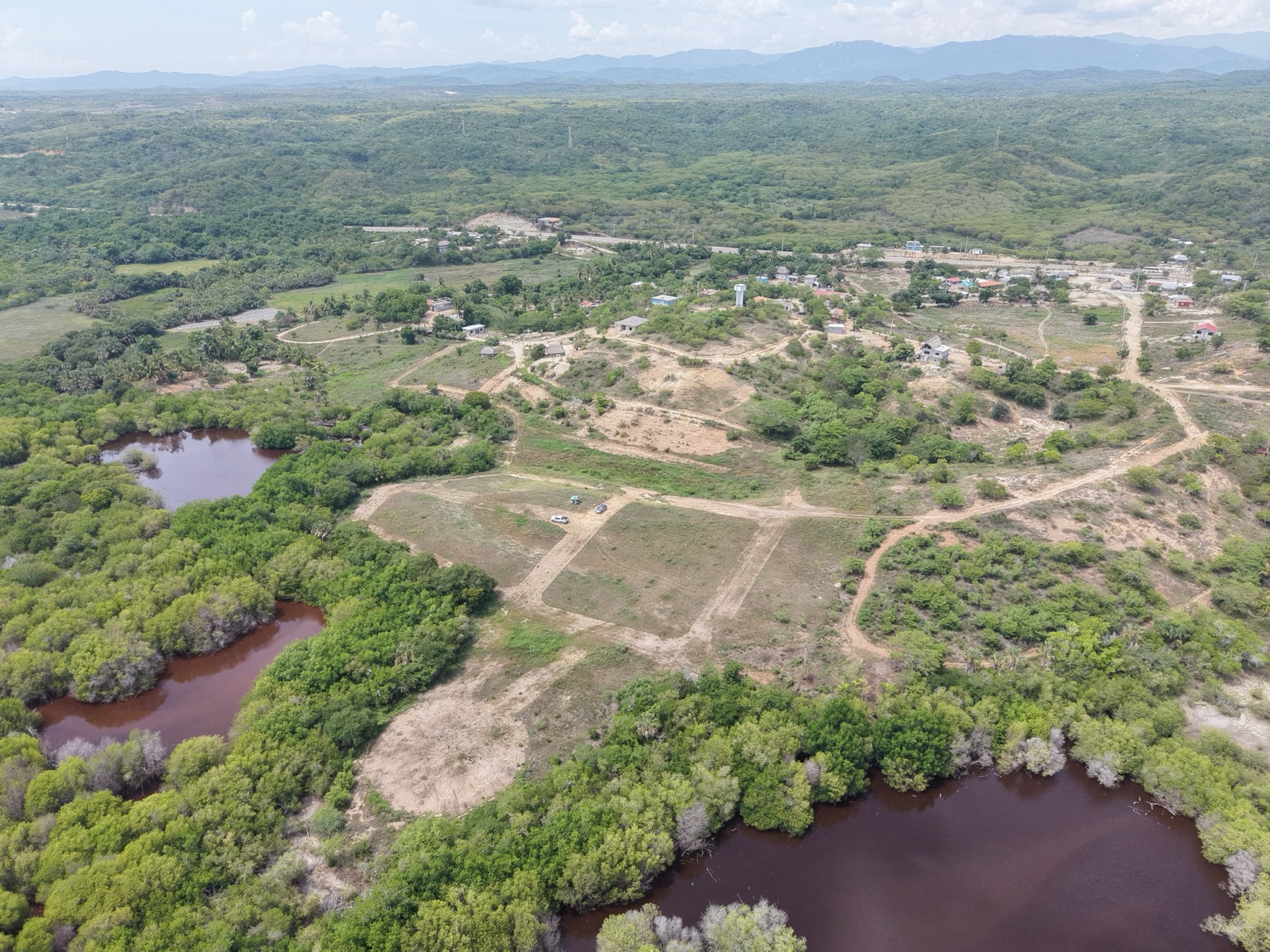 Vista aérea de la península: el terreno trazado, la laguna oscura y el manglar
