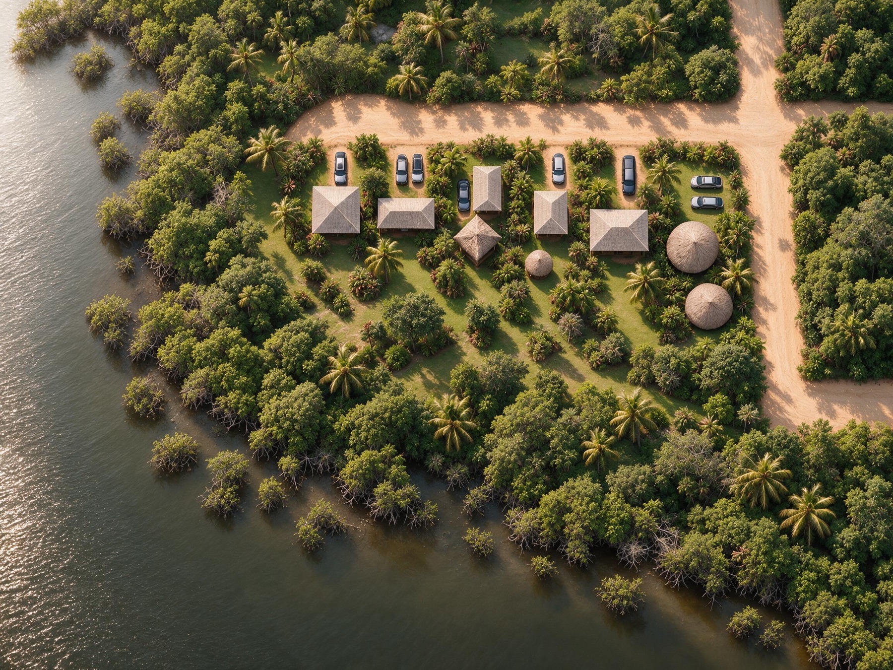 Palapas de palma entre palmeras, al borde del manglar, vistas desde arriba