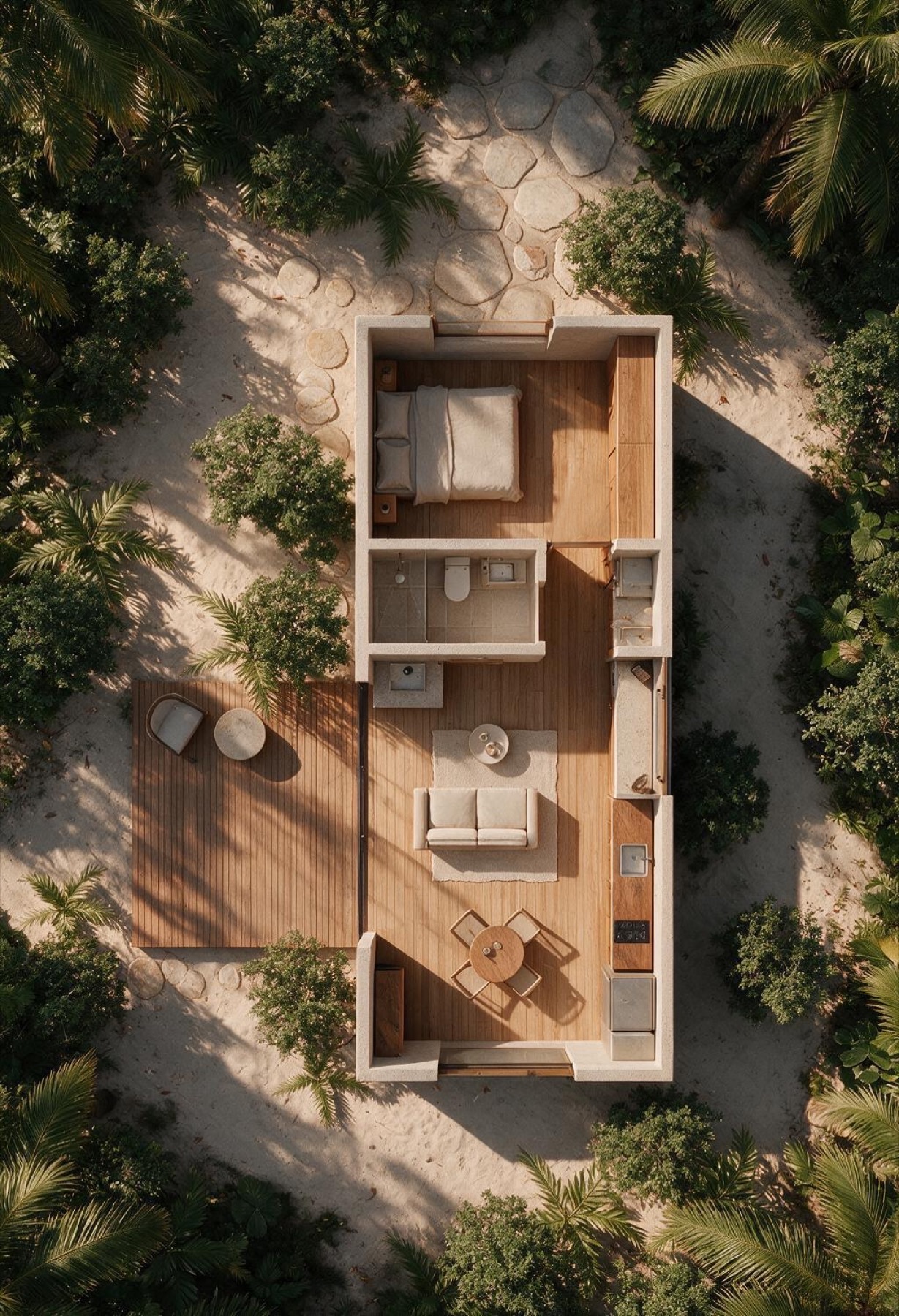 Planta cenital de una casa de un nivel: recámara, baño, estancia y una terraza de madera entre palmeras