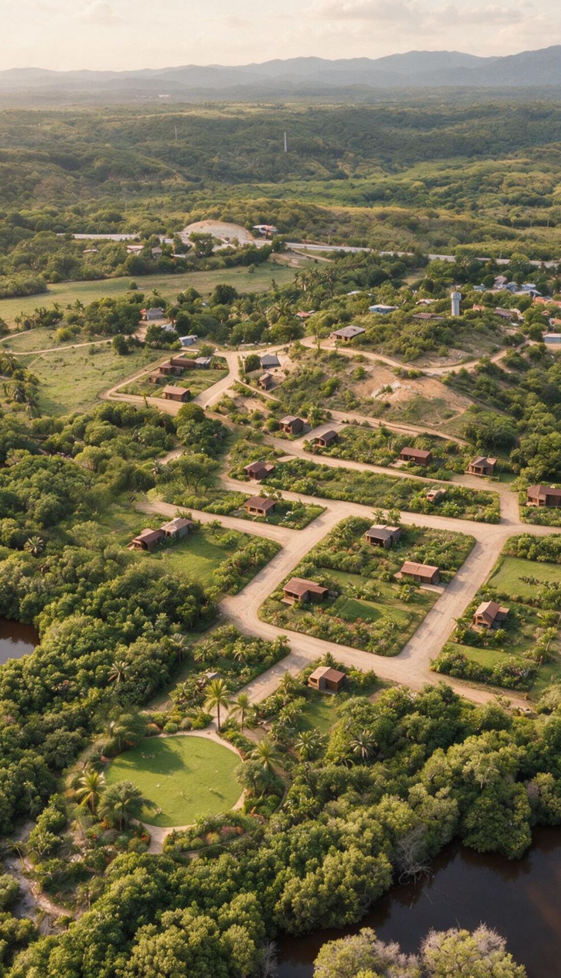 Vista aérea oblicua del trazo con calles curvas, casas entre árboles, glorieta y laguna